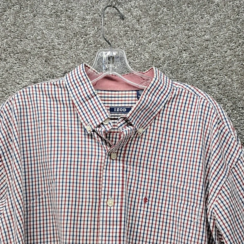IZOD Mens XXL Plaid Button Down Shirt Red White Blue Cotton‎ Long Sleeve